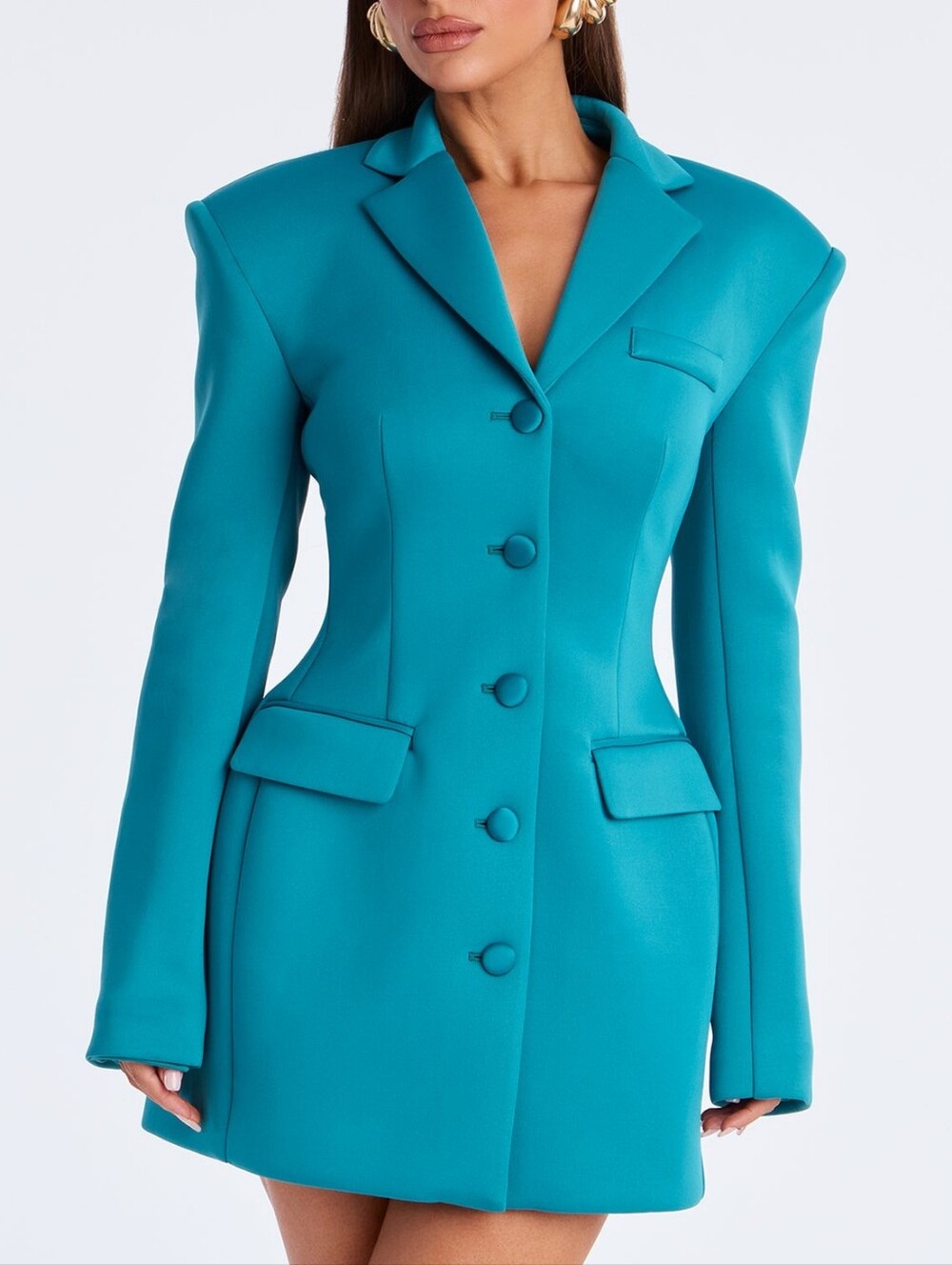 Stylish mini-length jacket dress in rich turquoise color